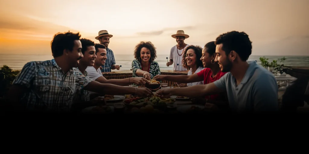 Amigos brindando y comiendo juntos al atardecer junto al mar con sombreros.