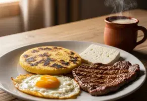 a) Con todo: arepa, carne, huevo y aguapanela.​
