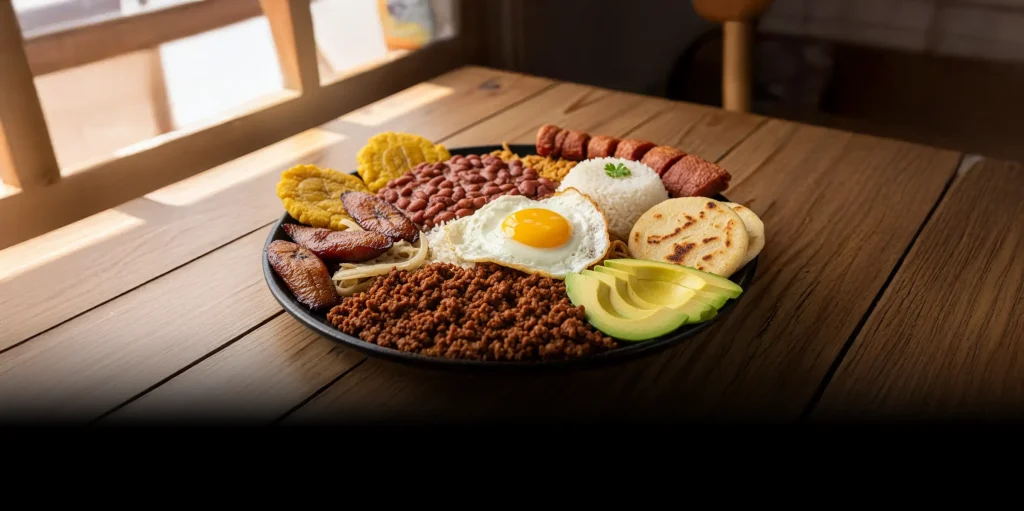 Un plato de bandeja paisa con arroz, frijoles, carne, huevo frito, aguacate, chorizo, patacón, arepas y plátano maduro en una mesa de madera.