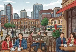 d) Bogotá o cualquier ciudad grande, con café y pan a la mano.​