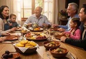 a) Compartir en familia con buena comida.​