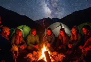 a) Entre montañas, con fogata y aventura.​