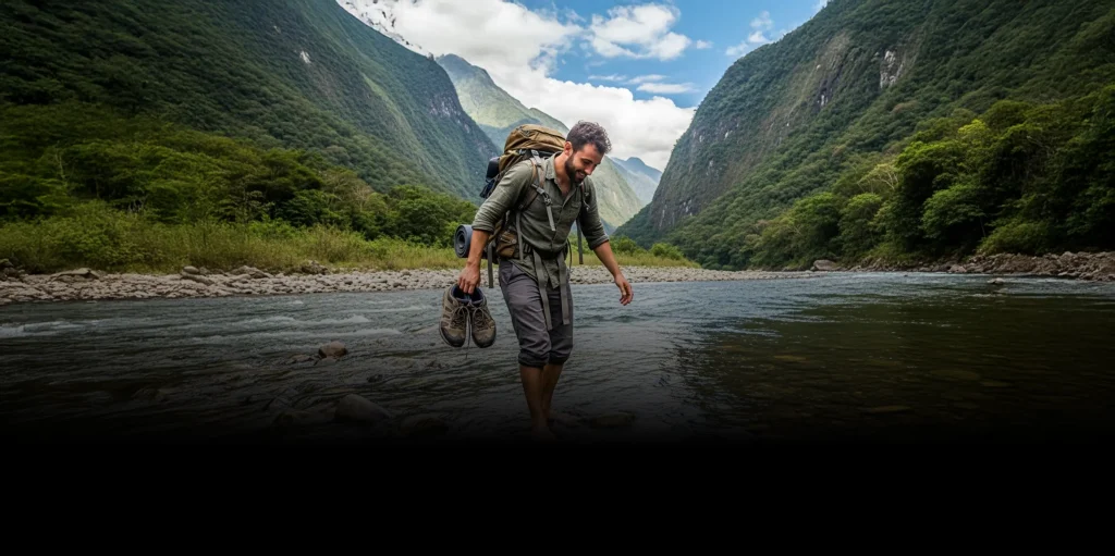 Hombre cruzando río con mochila y zapatos en mano entre montañas verdes.