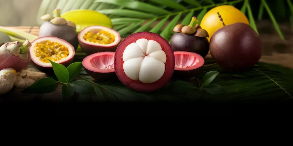Variedad de frutas tropicales entre hojas verdes, destacando un mangostino abierto en primer plano y frutos de maracuyá al fondo