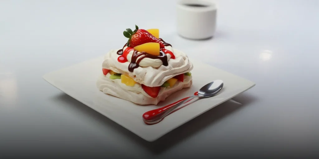 Postre de merengue (pavlova) con crema, frutas tropicales, fresa, y salsa de chocolate en plato cuadrado.