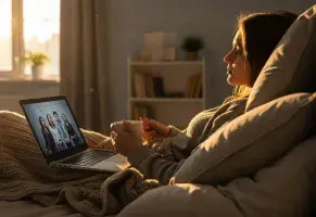 b) Me levanto tarde y me veo una serie.​