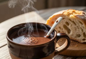 b) Calientico y espeso, con pan.​