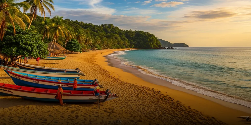 Playa tropical dorada con palmeras y botes de madera en la orilla, al atardecer.