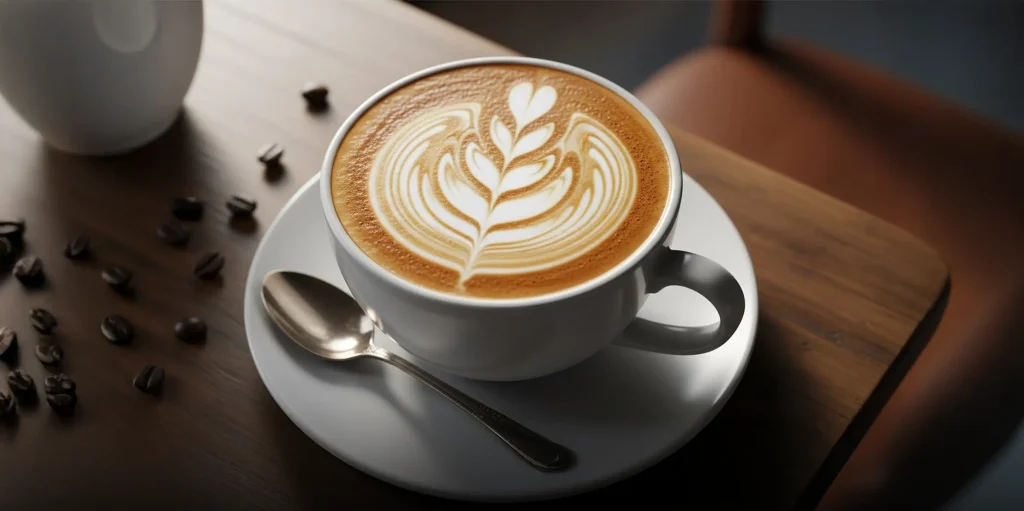 Taza de café con arte latte en forma de hoja sobre mesa de madera.